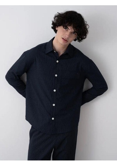 Erkek Teenage Oversize Çizgili Gömlek Pantolon Takım-15545 Lacivert