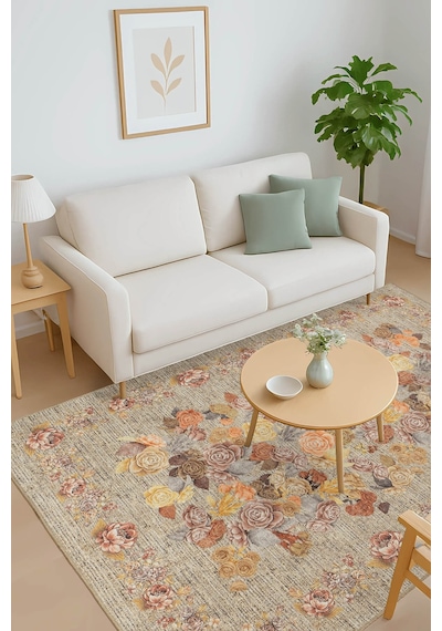 Artloop Florart Bej / Sarı Vintage Dokulu Çiçek Desenli Dokuma Tabanlı Şönil Halı Al 471 Bej - Sarı