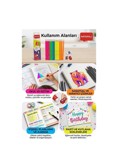 Kurşun Kalem Hb 1 Düzine Kalemtraş Silgi Hediyeli Nataraj Kurşun Kalem Neon Renk 1 Düzine Çok Renkli