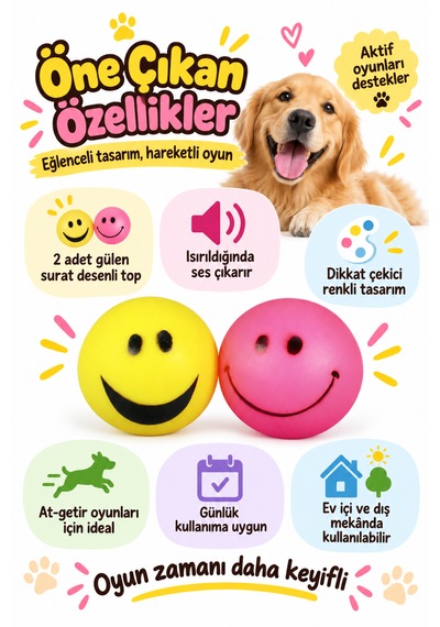 Happy Pet Smiley Ball Gülen Surat Desenli Sesli Köpek Oyuncağı 2 Li Paket