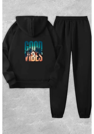 Unisex Siyah Good Vibes Sırt Baskılı Eşofman Kapüşon- Kışlık Şardonlu Kumaş Siyah