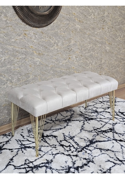 Zafir Gold Tel Ayaklı 90 Cm Puf Bench - Puf - Bench - Kasalı Oturak - Oturak - Yatak Ucu Puf Krem