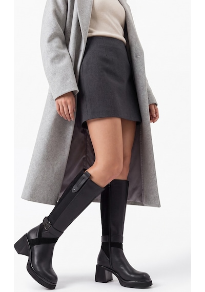Luvi Shoes Cube Siyah Cilt Süet Tokalı Kadın Kalın Topuklu Çizme