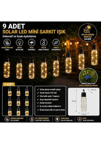 9 Adet Solar LED Şişe Sarkıt Işık Güneş Enerjili Bahçe Balkon Teras Çardak Dekoratif Aydınlatma Lambası IP44