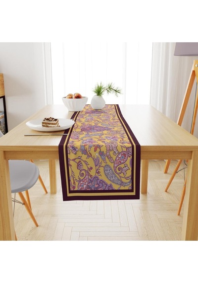 Mor Damask Desen Runner 140x45cm Ince Keten, Uluslararası Yıkama Ve Solmama Sertifikası Çok Renkli