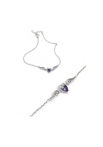 Brezza Lusso Jewelry Ametist Taşlı Melek Kanatlı Minik Kalp Kadın Gümüş Bileklik
