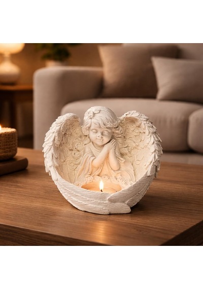 Melek Figürlü Dilek Tutan Tealight Mumluk, Taş Döküm, 13x15 Cm, Dekoratif Anma Ve Hediye Dekoru İçin Çok Renkli