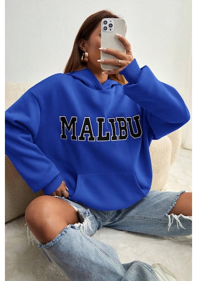 Malıbu Baskılı Oversize Sweatshirt Mavi