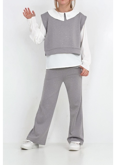 Modanino Kız Çocuk 3'lü Takım Pantolon+yelek+bluz 12429 Gri