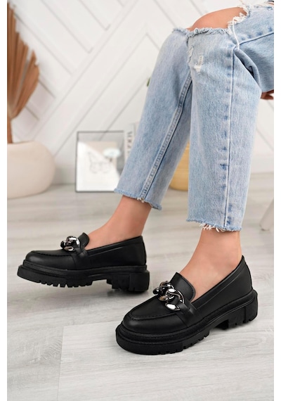 Aymood Kadın Siyah Zincirli Kalın Taban Loafer Makosen Ayakkabı Siyah