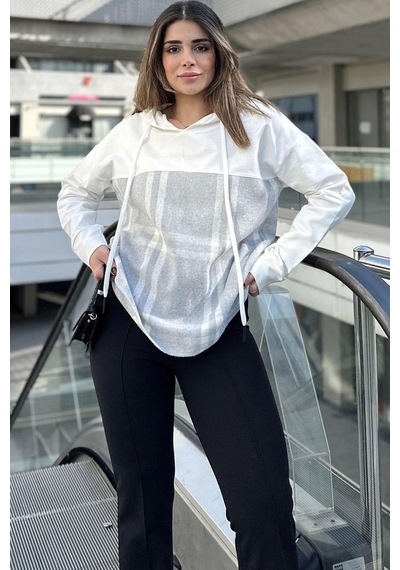 Kadın Ekru & Gri Ekose Garnili, Rahat Kesim, Kapüşonlu İki İplik Sweatshirt Gri
