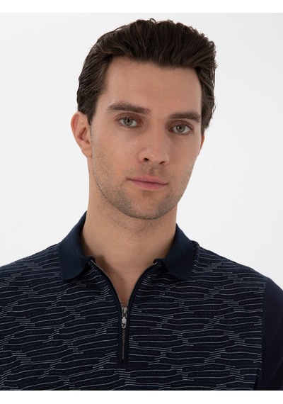 Lacivert Regular Fit Fermuarlı Polo Yaka Desenli T-shirt