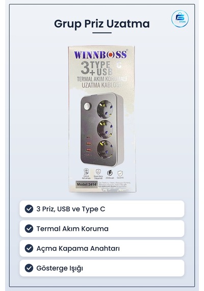 3 Prizli Usb Çıkışlı Termal Akım Korumalı Priz Uzatma Kablosu Typ 1.5