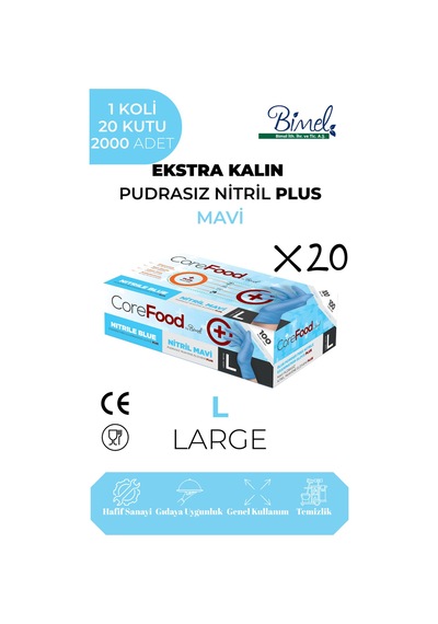 Ekstra Kalın Nitril Mavi Plus Muayene Eldiveni L - 1 Koli-20 Paket-2000'li