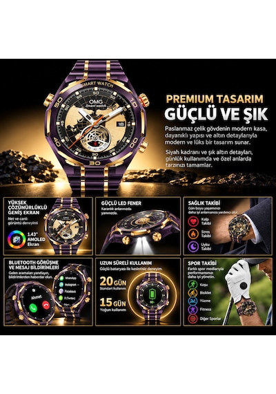 Kalobee Sk55 Pro Aı Yapay Zeka Destekli 3 Kordonlu Akıllı Saat 1.6" Amoled, Bluetooth Görüşme, Ip68, Kablosuz Şarj-mor-15044
