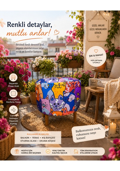 Diday Kedi 2 Puf Trend Puf Koltuk Puff Bench Dekoratif Bohem Doğal Gürgen Ayaklı Çok Amaçlı Bahçe Ev Balkon Çocuk Bench Çok Renkli