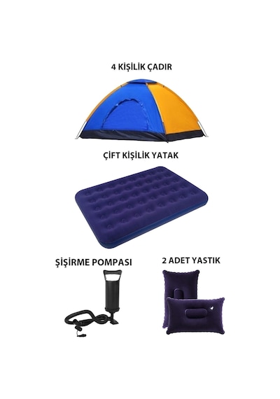 4 Kişilik Kamp Çadırı Çift Kişilik Şişme Yatak 2 Şişme Yastık Kamp Seti Mavi