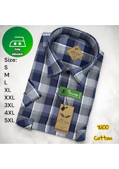 Eren Style Linen Keten Klasik %100 Cotton Kısa Kollu Çift Cepli Terletmeyen Gömlek Lacivert
