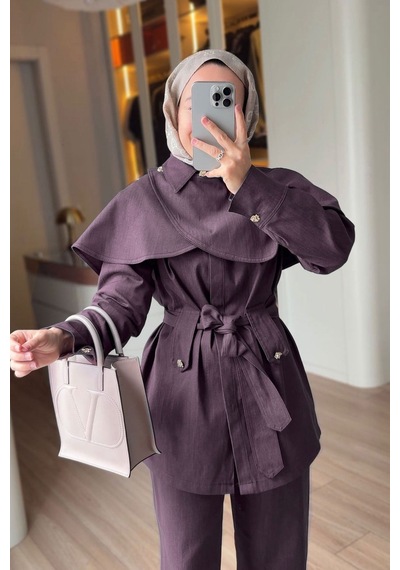Ka Hijab Pelerinli Kot Takım - Mürdüm