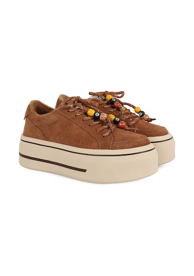 Guja Kadın Sneaker 366-2 Camel Hakiki Dokulu Süet Renkli Boncuk Bağcık Detaylı Yüksek Kalın Platform Taban Rahat Günlük Spor Ayakkabı