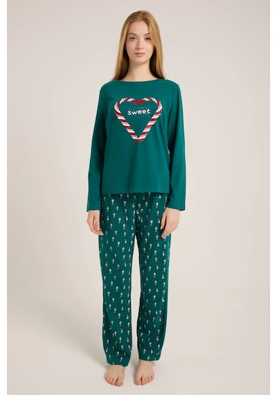 Yeşil Kalp Baskılı Kadın Yeşil Pijama Takımı Yeşil