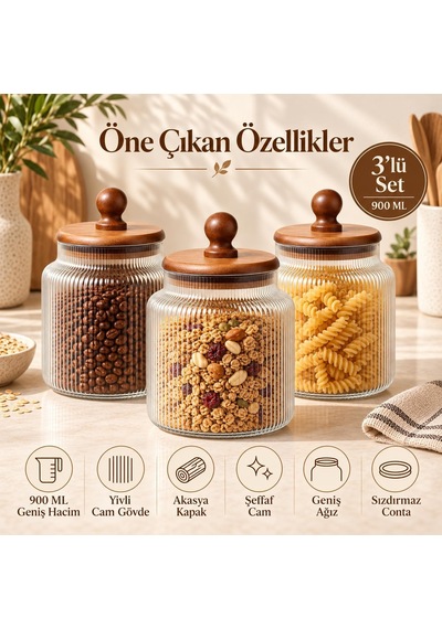 Tr 3'lü 900 Ml Akasya Kapaklı Çizgili Cam Kavanoz Sızdırmaz Saklama Kabı Seti Diğer
