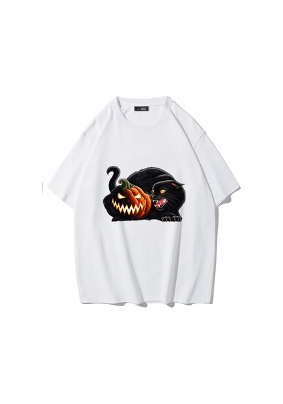 Brz Collectıon Brz Collection Unisex Oversize Halloween Pumpkin Black Cat T-shirt Beyaz