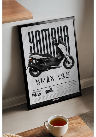 Yamaha Nmax 125 Siyah Ahşap Çerçeveli Poster, Dekoratif Motosiklet Duvar Tablosu