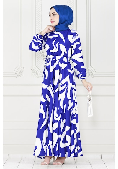 Sevitli Geometrik Desenli Elbise-saks Mavi-3894-saks Mavi Saks Mavisi