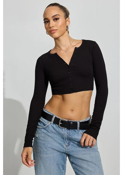 Madmext Siyah Uzun Kollu Düğmeli Kaşkorse Crop Hırka Mg2193 Siyah