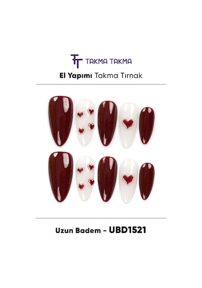 10'lu Bordo Uzun Badem Ubd1521 Tekrar Kullanılabilir El Yapımı Protez Takma Tırnak L