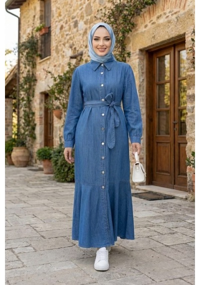 Hb Harma Time Butik Kadın Düğmeli Kuşaklı Koyu Kot Mavi Elbise Koyu Mavi Koyu Mavi