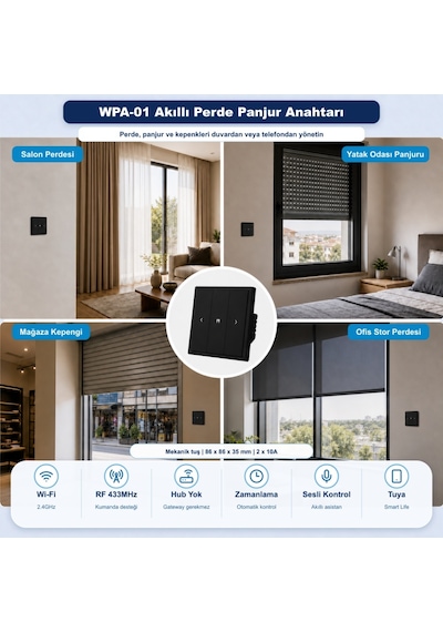Novato Wifi Perde Panjur Kepenk Anahtarı - Siyah, Mekanik Tuşlu Akıllı Duvar Anahtarı, Tuya, Smart Life Uyumlu