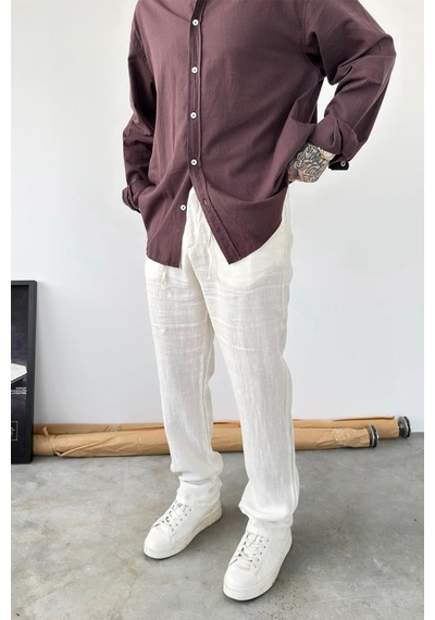 Bej Basic Baggy Keten Pantolon