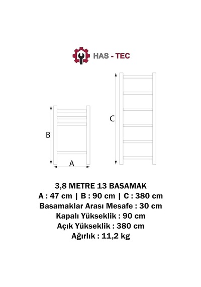 3,8 Metre 13 Basamaklı Alüminyum Düz Uzayan Teleskopik Merdiven 3,8 M Belirtilmemiş