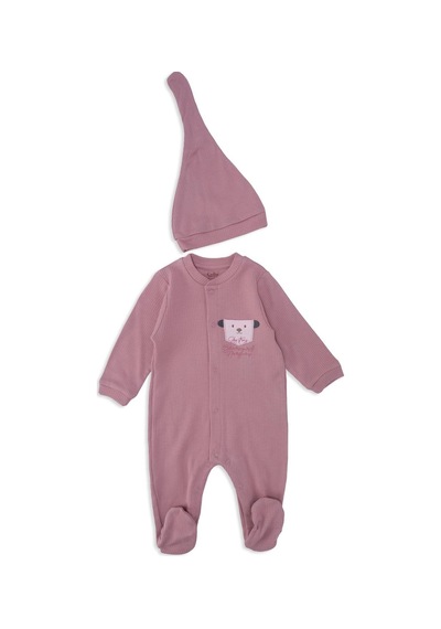 Unisex Bebek Hayvan Nakışlı Raporlu Çıtçıtlı Şapkalı Patikli Tulum 001
