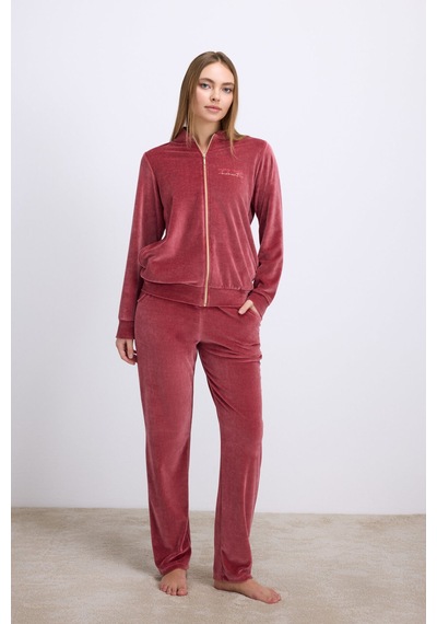 Man11560-1086 Anil Ev Giyim Anıl Kadın Kadife Dokulu Fermuarlı Uzun Kollu Sweatshirt Ve Pantolon Takım 11560 GÜL KURUSU