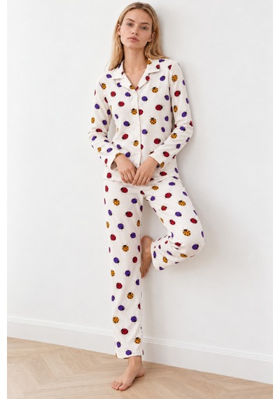 Kadın Uğur Böcekli Gömlek Yaka Beyaz Pijama Takımı 4827