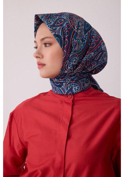Belli Etnik Desen %100 Twill İpek Eşarp Be04 Lacivert
