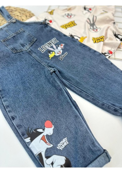 Nota Kids Baskılı Çocuk Kot Salopet Trend 2 Parça Kombin 3-6 Yaş Çok Renkli