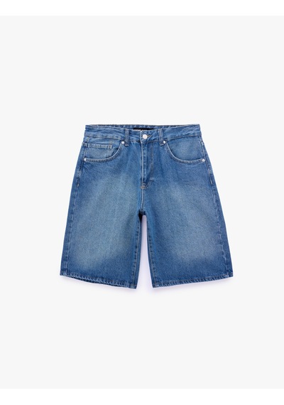 Koton Pamuklu Rahat Kalıp Normal Bel Baggy Jean Şort Orta İndigo 6sam40400nd