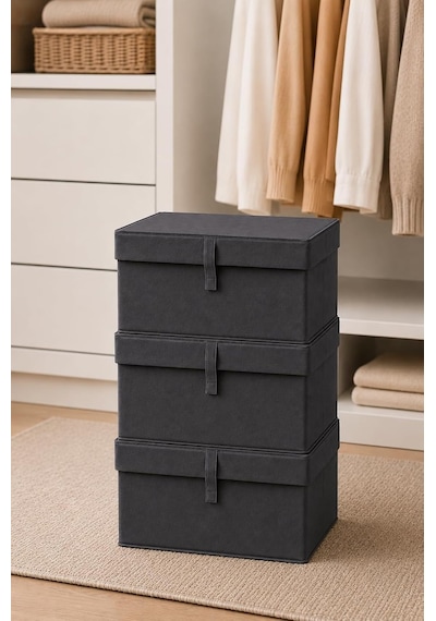 Çok Amaçlı Saklama Kutusu Düzenleyici Kapaklı Sandık Tipi Kutu Hurç Organizer 3 Lü Set Antrasit, Mini 40x30x26