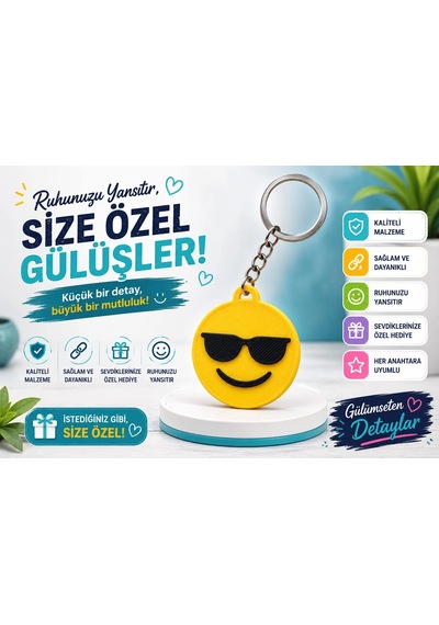 Emoji Anahtarlık , Gözlüklü Emoji Şeklinde Araç Anahtarlık - Emoji Araba Anahtarlığı