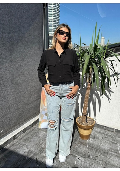 002317 Casual Düz Uzun Kollu Crop Poplin Kadın Gömlek -250 Siyah
