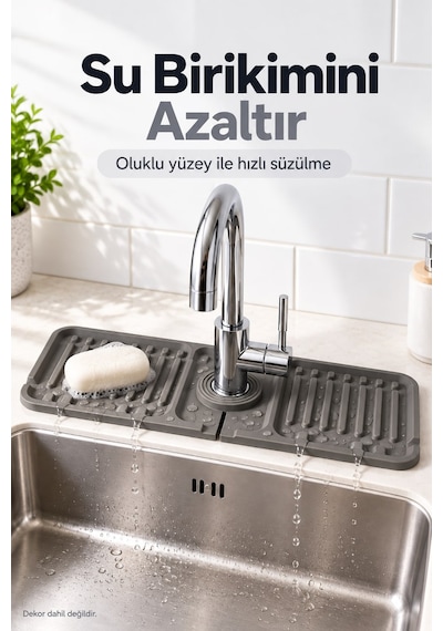 Lavabo Kenarı Silikon Su Geçirmez Musluk Matı 37x14cm Gri