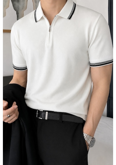 Tarz Cool Erkek Fermuar Yaka Triko Polo Tişört Slim Fit Pamuklu Yazlık Triko Beyaz