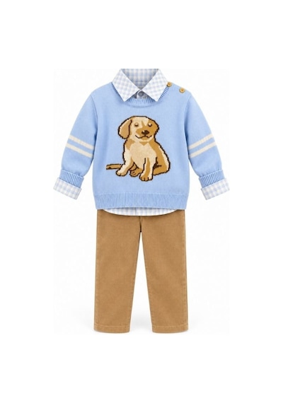 Zekids Erkek Bebek Mavi Köpek Desenli Triko Kazak Gömlek Ve Pantolon Takım-17438