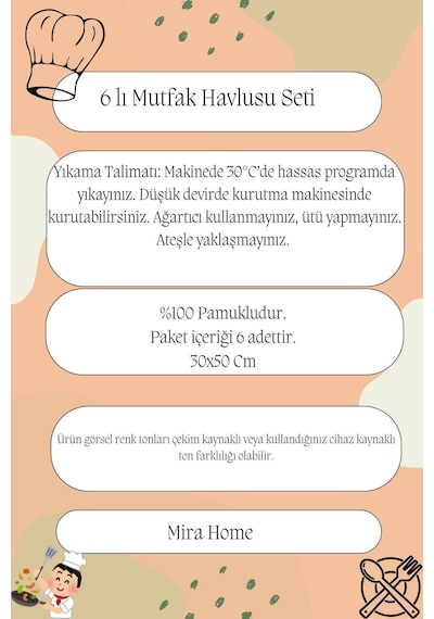 6'lı Mutfak Havlusu Seti 30x50 Cm %100 Pamuk Doku Yumuşak Clara