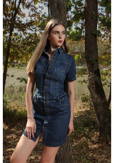 Banny Jeans Kadın Boydan Düğmeli Jean Elbise Koyu Mavi