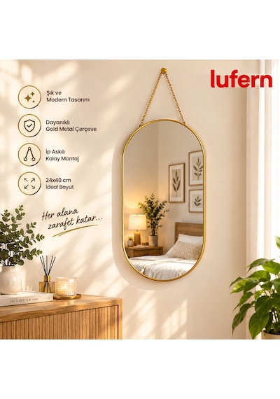 Özel Tasarım Dekoratif Duvar Aynası Gold Metal Çerçeveli İp Askılı 24x40 Cm Banyo Yatak Odası Hol Çok Renkli